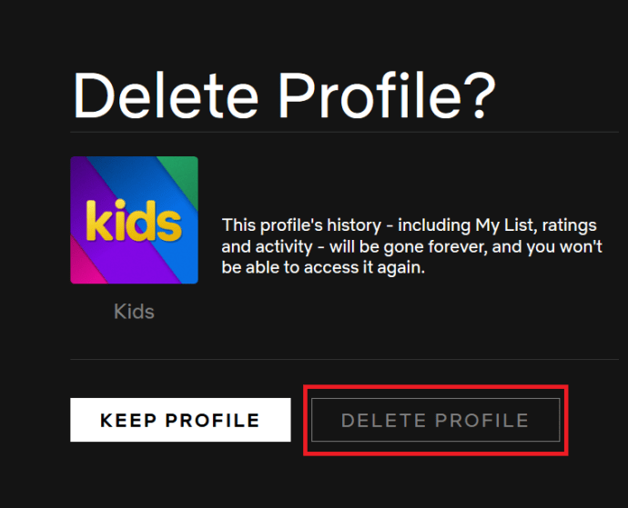 Страница за потвърждение на Netflix Delete Profile