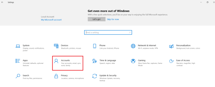 Pagina delle impostazioni di Windows 10