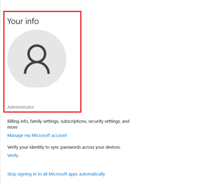 Страница с информация за потребителя на Windows 10