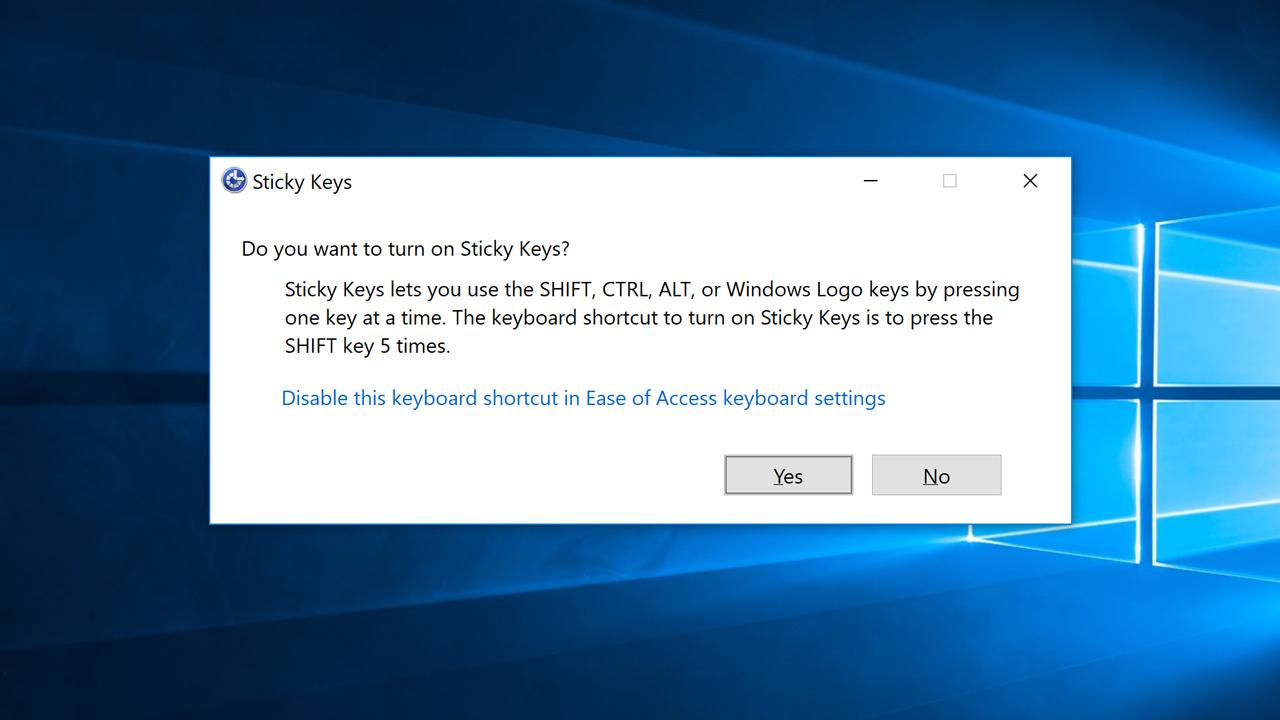 Windows 10：スティッキーキーの警告とビープ音を無効にする