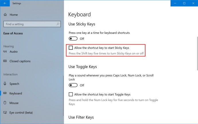 disabilita i tasti permanenti di Windows 10