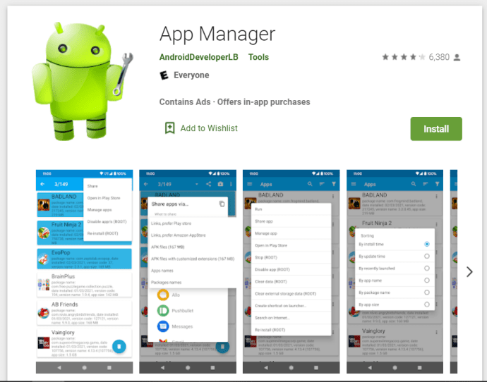 Страница с мениджър на приложения в Google Play Store.