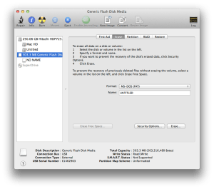Utiliti Disk OS X membolehkan anda memformat media flash mengikut format pilihan anda
